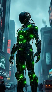 Cyborg with Glowing Green Lights in City