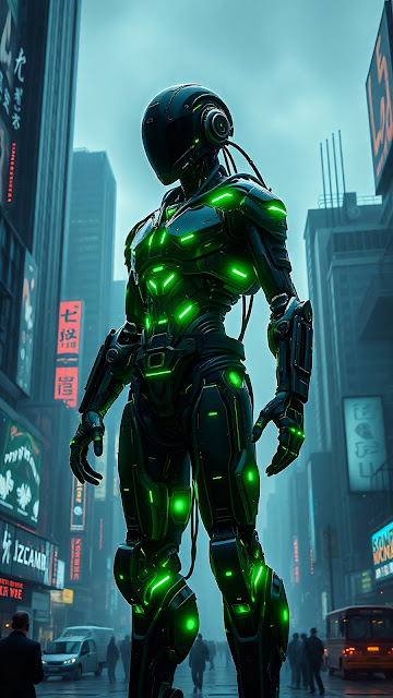 Cyborg with Glowing Green Lights in City - Free mobile Wallpaper