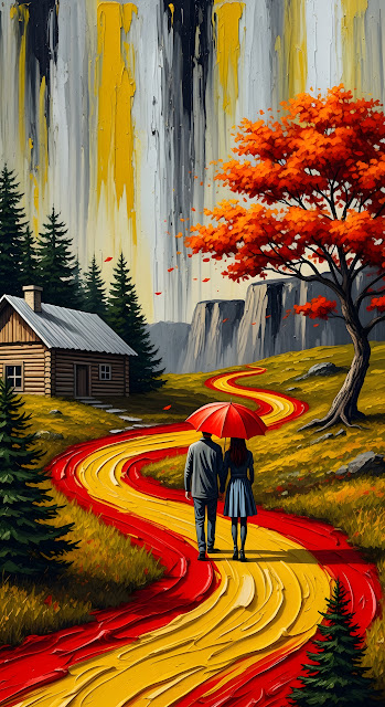 Impasto Painting of Couple Walking on Red and Yellow Path - Free mobile Wallpaper