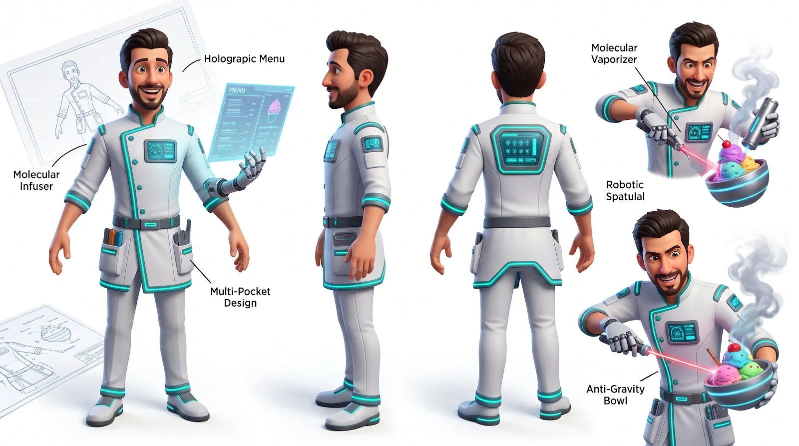 Científico de postres futurista inspirado en Pixar