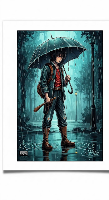 Moody Anime Character Standing Alone in Heavy Rain - Free mobile Wallpaper