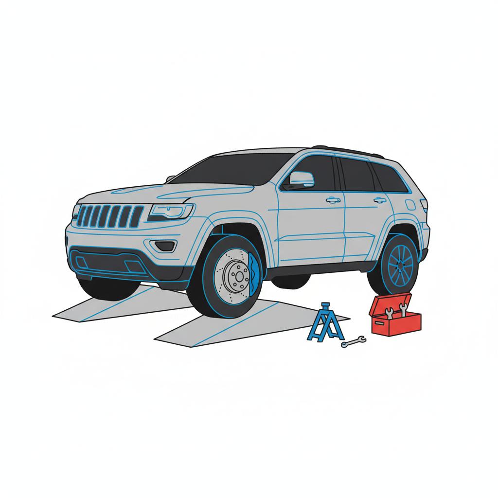 Minimalist vector side view of a Jeep Grand Cherokee with visible suspension components and inspection tools on white background representing jeep grand cherokee for sale