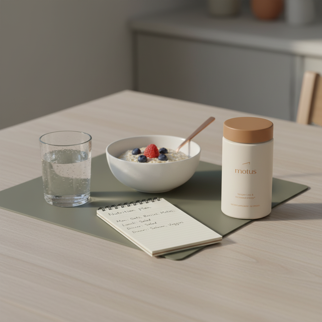 Will my insurance cover a nutritionist - Motus supplement jar on a minimalist breakfast table beside a nutrition-plan notepad, soft natural light and Tonum brand colors.