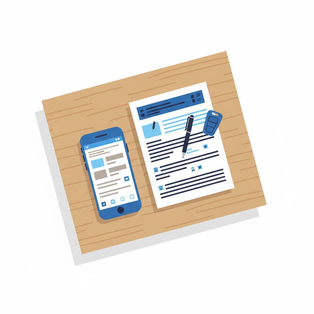 Top down 2D vector illustration of a printed vehicle report and smartphone showing a simplified vehicle history summary on a wooden table with pen and car key color accents in 3666ed what is the gm 6 month rule