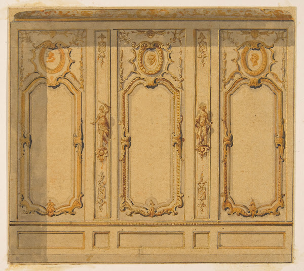 Elevation of an interior showing a wall decorated in ornate panels and mounted s