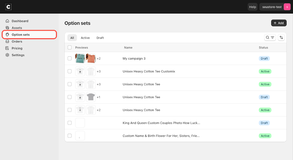 Option sets in the sidebar navigation