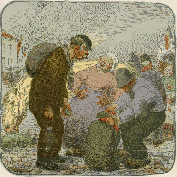 Twee boeren en boerin met jutten zakken 1919