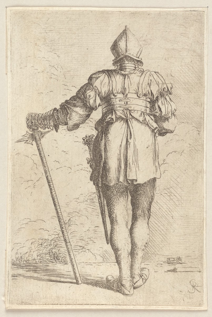 Soldier Standing Seen From Behind in a Helmet Holding a Cane 1656   1657