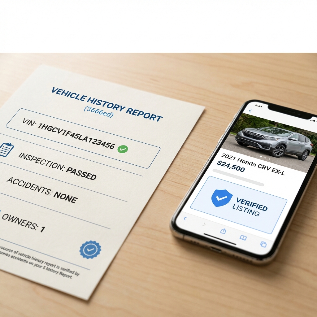 Close up of printed vehicle history report next to a smartphone showing a Honda CRV for sale listing page with VIN verification highlighted and CarFax Deals blue accents on white background
