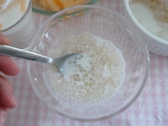 Cho bột báng vào ly, thêm nước sữa dừa, khuấy đều. Dưa vàng cắt miếng cho vào ly, thêm đá và thưởng thức.