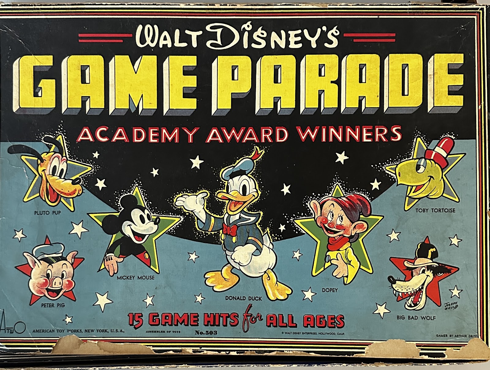 Walt Disney's Game Parade by American Toy Works, c. 1934-1937, a boxed set of 15 games with very early Disney character artwork including a long-billed Donald Duck, Peter Pig, and Toby Tortoise