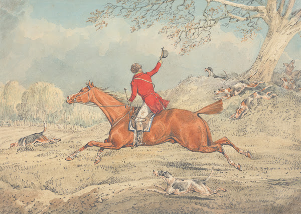 The Huntsman Galloping to Left and Encouraging Hounds