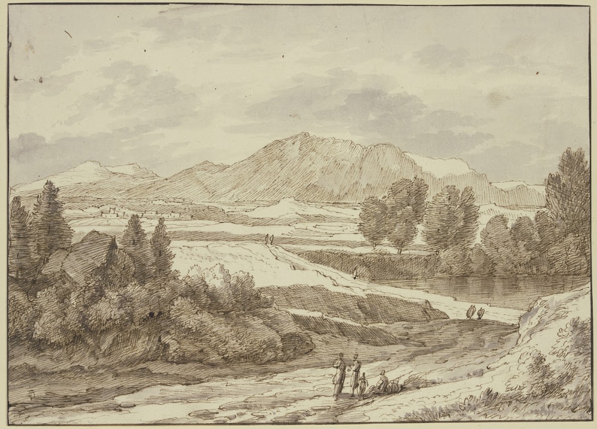 Ebene vor dem Gebirge rechts ein See auf dem Weg verschiedene Figuren