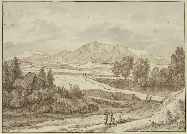 Ebene vor dem Gebirge rechts ein See auf dem Weg verschiedene Figuren