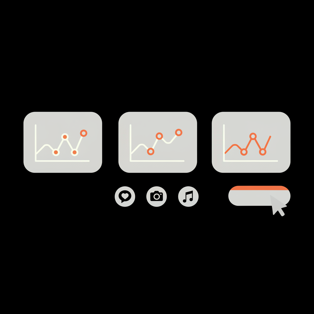 Minimal vector dashboard with small spike graphs, stylized platform glyphs, and a cursor clicking a highlighted tag — visual for which hashtag is trending now