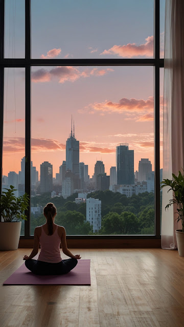 Woman Meditating in Loft Overlooking City Sunset Skyline - Free mobile Wallpaper