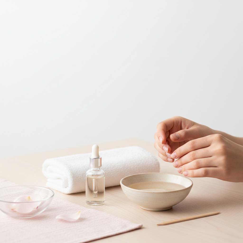 Minimalistisches Stillleben mit Händen, Schale warmem Wasser, Handtuch und Tropfflasche Nagelöl zur Pflege von extrem brüchige Fingernägel