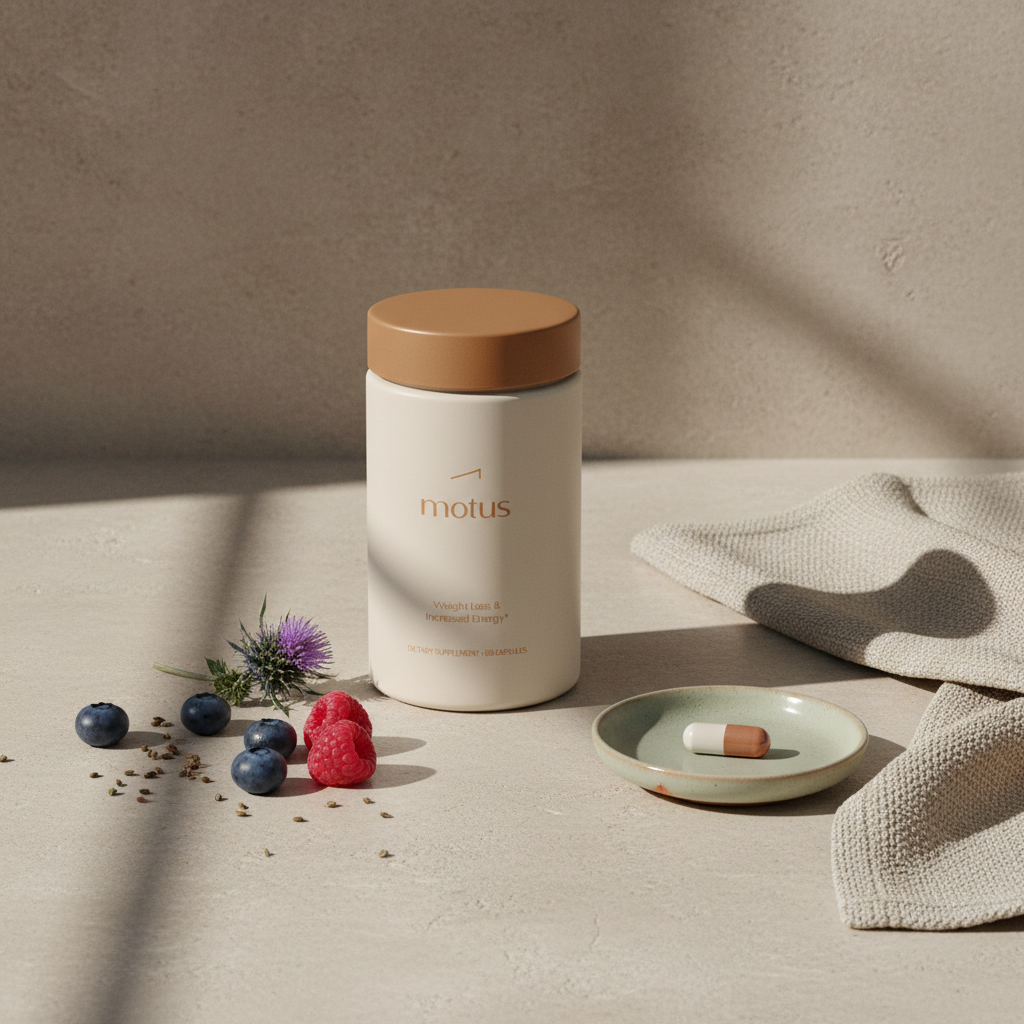 Motus supplement jar on a neutral stone counter with a folded linen napkin, single capsule in a small dish and berries with milk thistle, minimalist Tonum scene — best capsule for weight loss