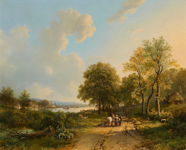 Flusslandschaft mit Reiter und Wanderern 1826