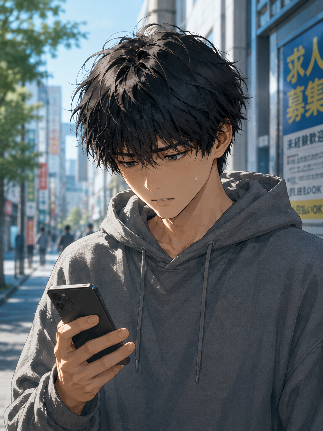スマホを見つめ迷う姿
