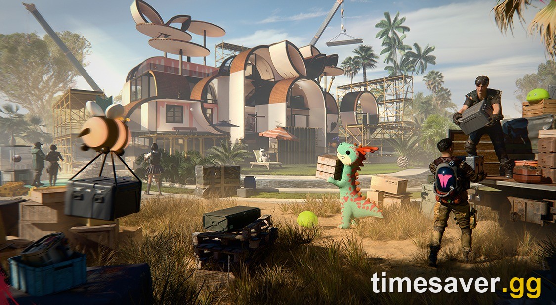 Elaborate player-built house under construction in Once Human with survivors and captured Deviation pets