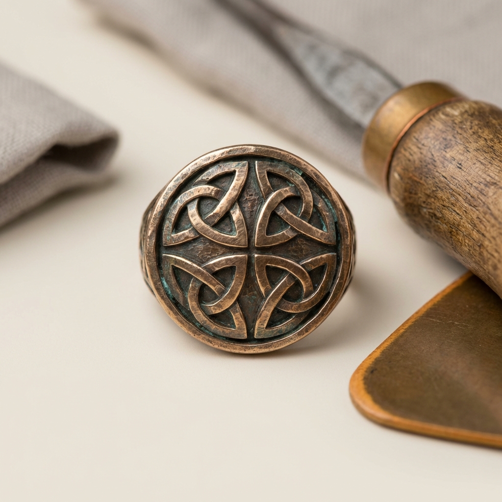 Close up macro of antique celtic rings bronze bezel showing Celtic interlace tool marks and patina on a matte #ede7da background minimalist Aurora Antiqua aesthetic