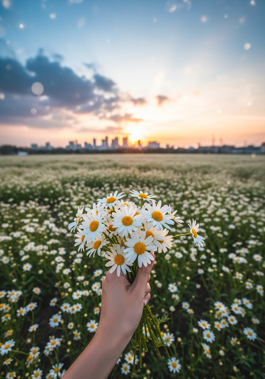 Daisies and City Sunset