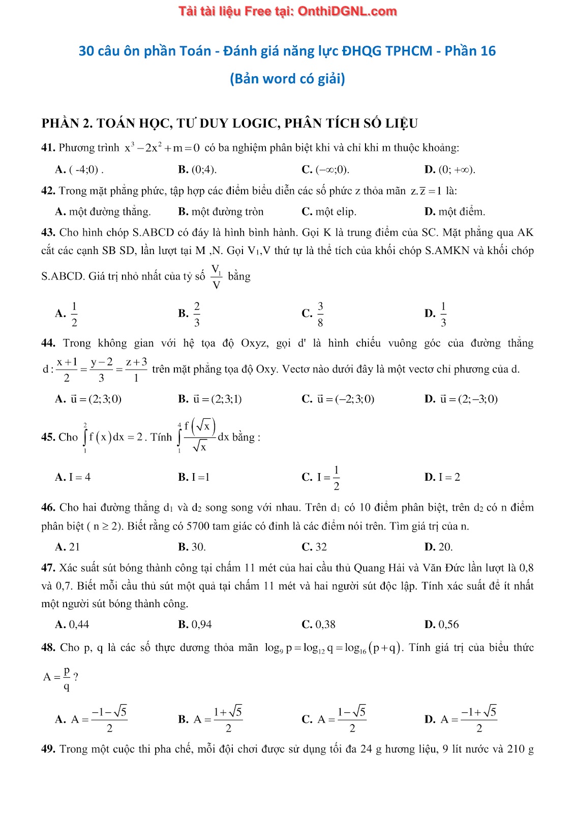 900 bài tập môn Toán - Ôn thi ĐGNL ĐHQG TP HCM Phần 16