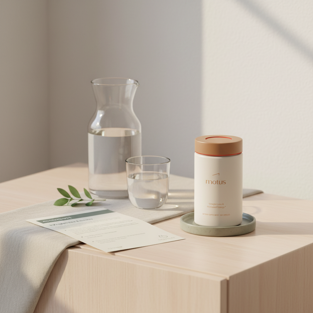 Minimalist bedside photo of Tonum supplement jar 'Motus' beside a water carafe and folded chart, representing a bariatric multivitamin daily routine.