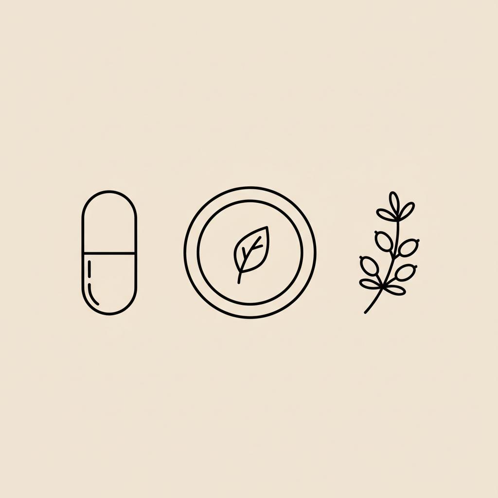 Minimalist vector line illustration of a berberine capsule, a simple plate with a leaf, and a small barberry sprig on a beige background (#F2E5D5).