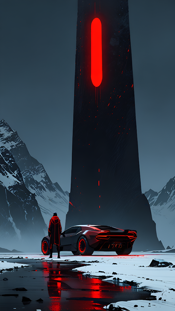 Futuristic Sports Car Near Red Glowing Sci-Fi Monolith