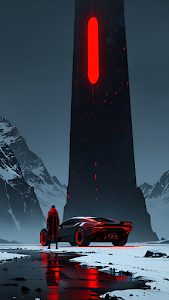 Futuristic Sports Car Near Red Glowing Sci-Fi Monolith