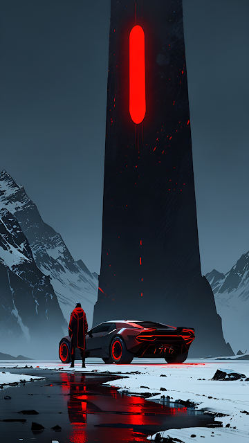 Futuristic Sports Car Near Red Glowing Sci-Fi Monolith