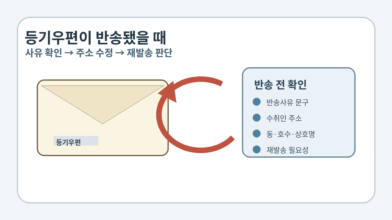 등기우편이 반송된 뒤
반송사유와 주소를 확인해 재발송하는 상황을 보여주는 대표 이미지