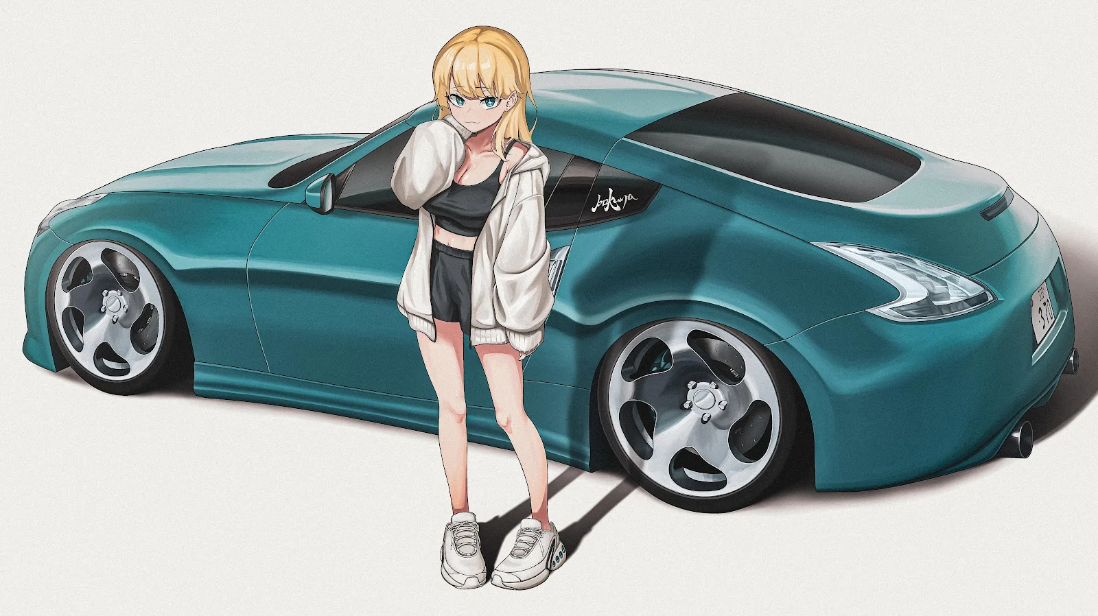 Blonde Girl With Nissan 370Z - Digital Illustration 5K Wallpaper (7216x4051)