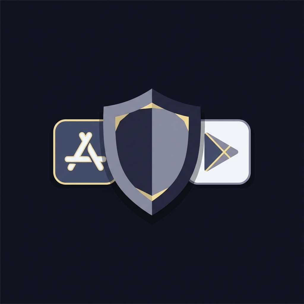Minimalist illustration of App Store and Google Play icons behind a shield representing app store licensing and restrictions for bookmaker eu mobile app on a dark navy background