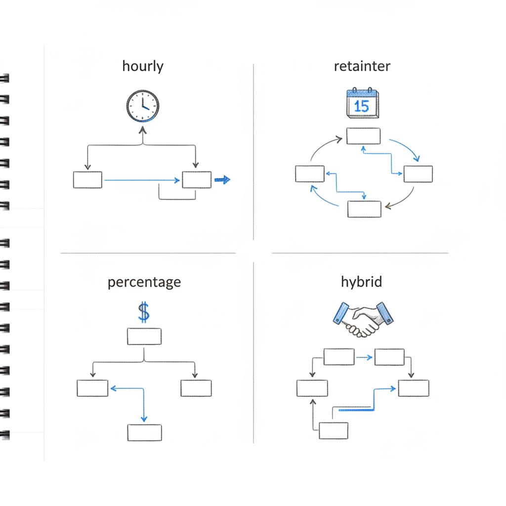 Notebook-style ink sketches of four pricing model flowcharts (hourly, retainer, percentage, hybrid) with small clock, calendar, dollar and handshake icons &mdash; how much do PPC agencies charge