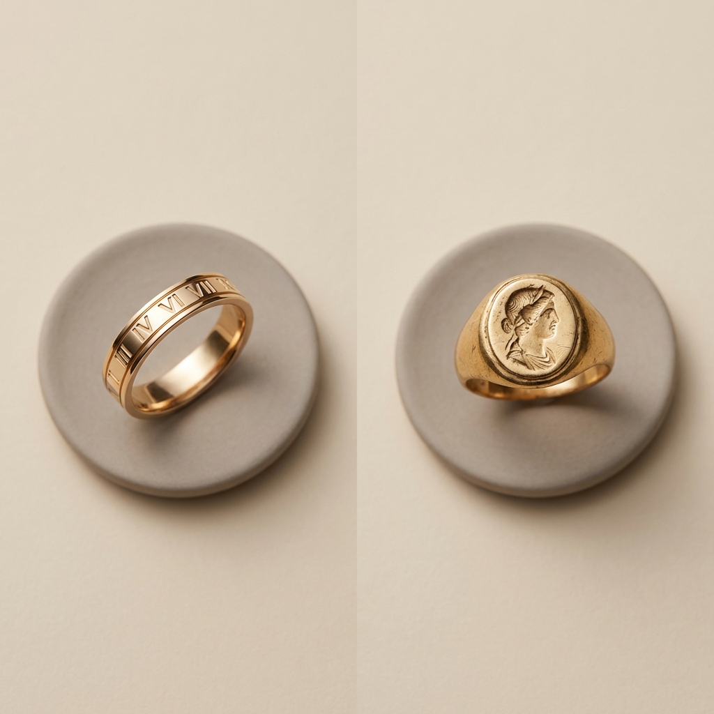 Studio macro side by side of a gold roman numeral ring modern engraved band next to an ancient gold ring with intaglio bezel on a soft beige background