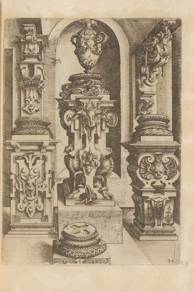 Three Corinthian pedestals decorated with scrollwork and mascarons a Corinthian