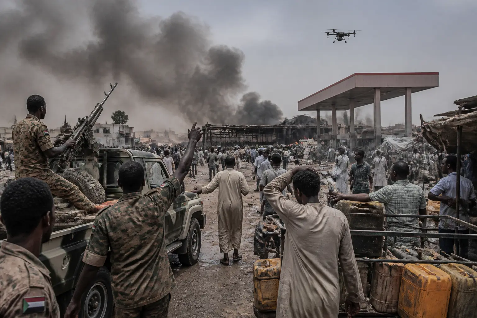 Editorial image for Sudan army drones strike mourners and fuel market, killing over 300