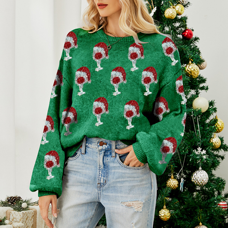 Weihnachtspullover mit Jacquard-Muster und Puffärmeln