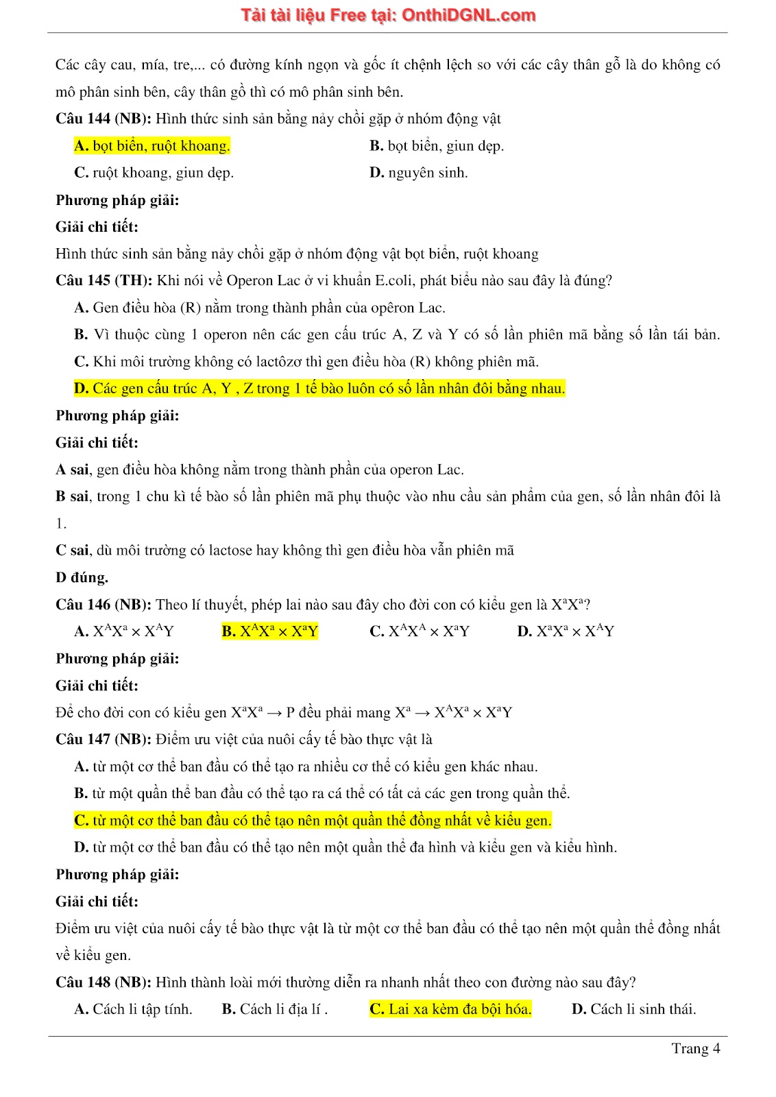 150 bài tập môn Sinh học - Ôn thi ĐGNL ĐHQG HN Phần 3