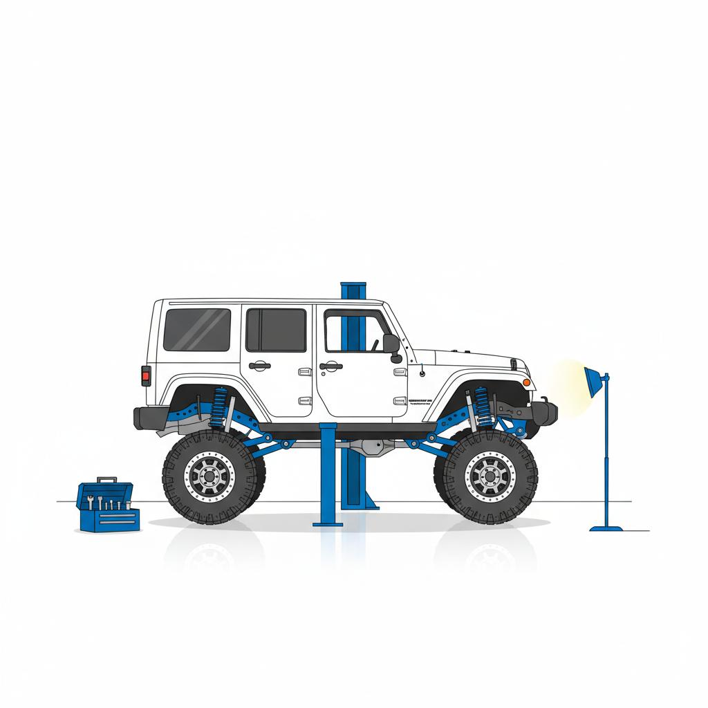 Minimalist 2D vector of a lifted Jeep Wrangler underbody and suspension on a lift with toolbox and inspection lamp in a clean garage emphasizing jeep wrangler for sale