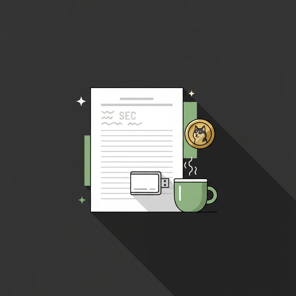 Minimalist vector desktop scene with printed SEC filing page compact USB hardware wallet and a coin with a dog silhouette next to a coffee cup in Finance Police colors Elon Musk crypto holdings