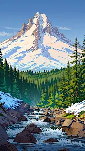 Vibrant Cartoon Snowy Mountain Forest River Illustration