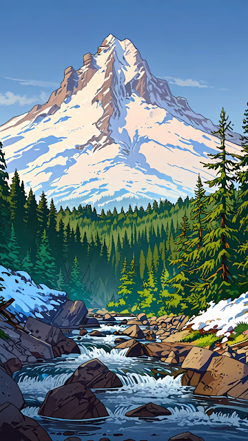 Vibrant Cartoon Snowy Mountain Forest River Illustration - Free mobile Wallpaper