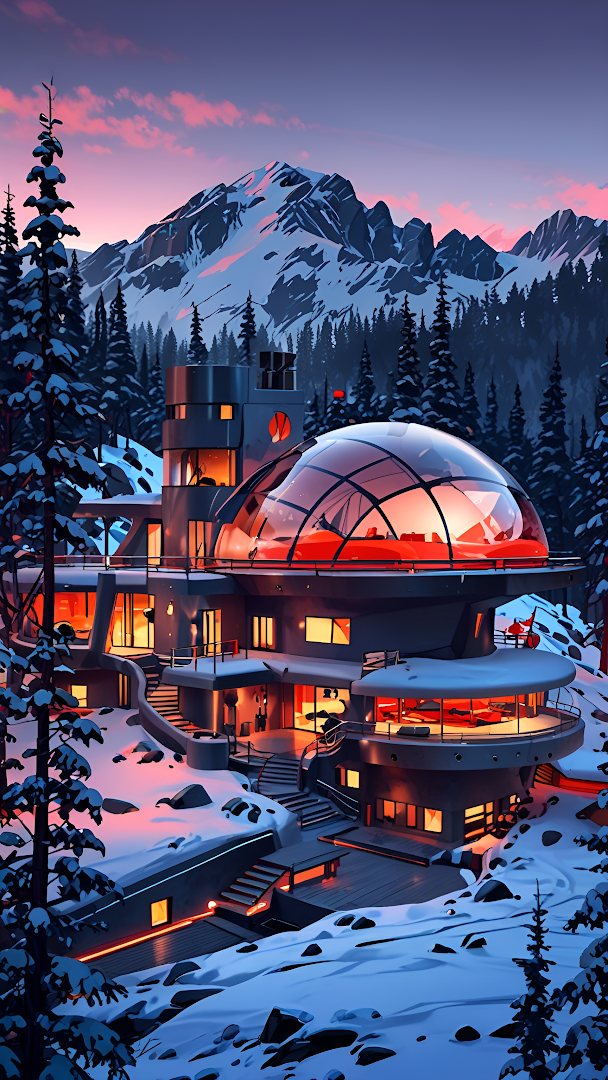 Futuristic Mountain Lodge at Twilight with Glowing Dome