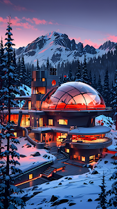 Futuristic Mountain Lodge at Twilight with Glowing Dome