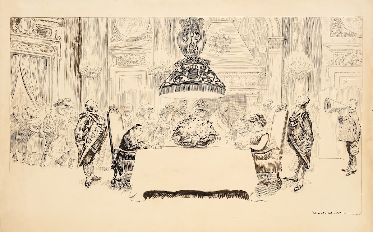 A fancy dinner party where only two guests are seated eating The rest stand and