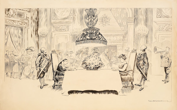 A fancy dinner party where only two guests are seated eating The rest stand and